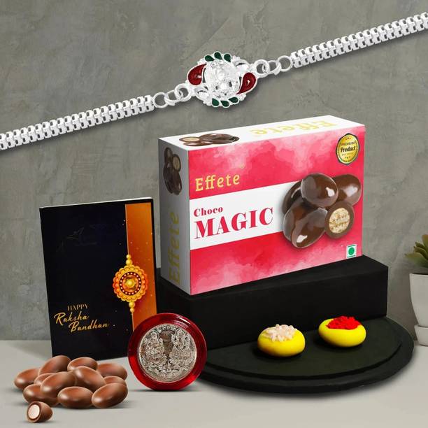 DeoDap Designer Rakhi Combo for Brother with Chocolate Magic(32-GM)Rakhi Gift | Y23K1_A32_CM32 Assorted Rakhi, Chawal Roli Pack, Greeting Card, Coins  Set