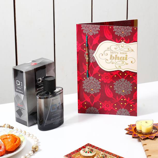 Thread Happy Rakhi Greeting Card with Black Diamond Perfume Assorted Rakhi, Perfume Set by ARCHIES
