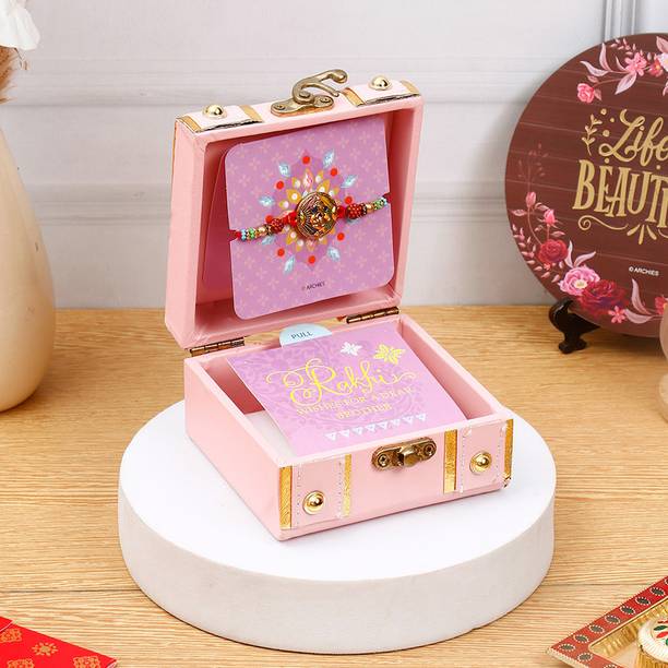 ARCHIES Thread Shree Ganesha Pink Rakhi Treasure Box Gold Finish Rakhi  Set