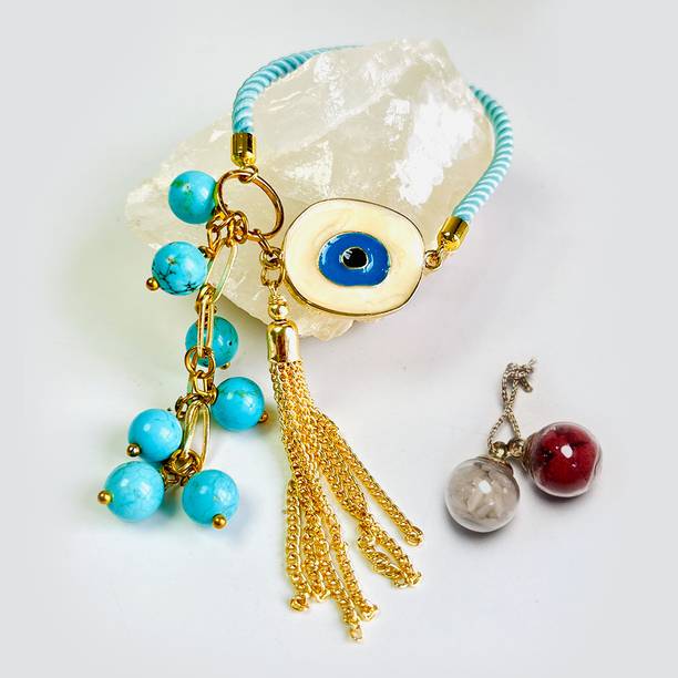 Shivkosha Designer Turquoise & Evileye Bracelet Lumba Healing Crystal for Protection & Healing Yarn Chawal Roli Pack Set