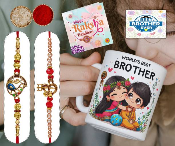 Thread Rakhi Gift Combo Pack of 6 with Mug for Brother | Pack of 6 - Bro262_FMEG4041 Assorted Chawal Roli Pack, Greeting Card, Mug, Rakhi Set by Ekish