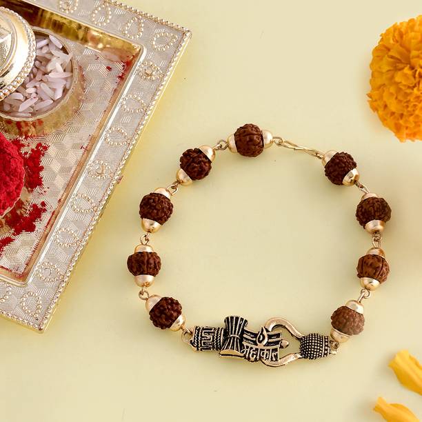 Designer Lord Shiva Motifs Rudraksha Rakhi for Brother Assorted Chawal Roli Pack Set by Voylla