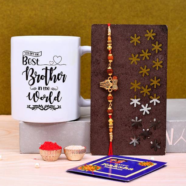 PRIDE STORE Thread Best Rakhi for Brother gift -176-YATBBITW-TRISHULRUD-2N Mauli Thread Rakhi, Mug, Chawal Roli Pack, Greeting Card  Set