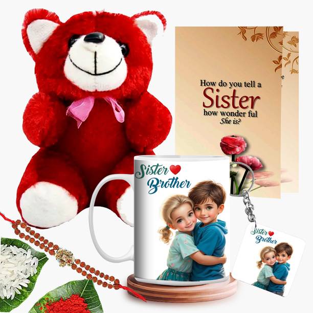 GiftWeb Rudraksh Gift For Sister Coffee Mug & Keychain & CD& Rakhi & Teddy Gift set-23 Assorted Rakhi Set