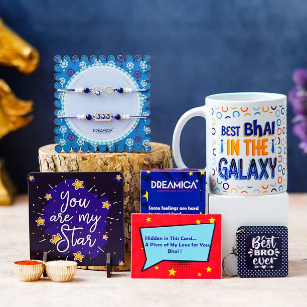 Dreamica Designer Rakhi-135 Assorted Rakhi, Showpiece, Key Ring, Mug, Chawal Roli Pack, Greeting Card  Set