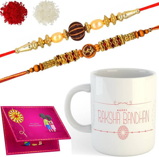 NNADN Thread Rakhi with mug_ 4520ADN0707 Gold Finish Rakhi, Chawal Roli Pack, Greeting Card, Mug  Set
