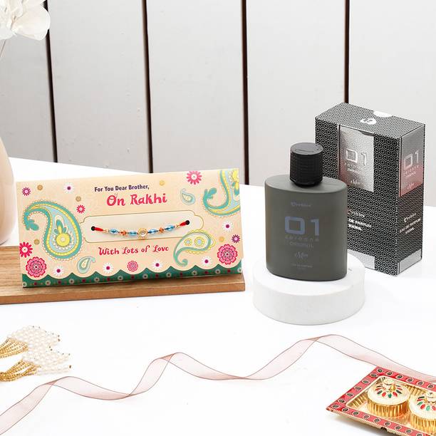 Thread On Rakhi With Lots Of Love' Mailer With 01 Original Men Perfume Assorted Rakhi, Perfume Set by ARCHIES