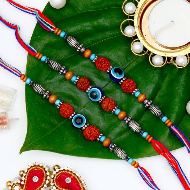 Thread Traditional Evil Eye Rudraksh Rakhi Set for Brother With Rakhi Greeting Card Assorted Rakhi, Greeting Card, Chawal Roli Pack Set by ARCHIES