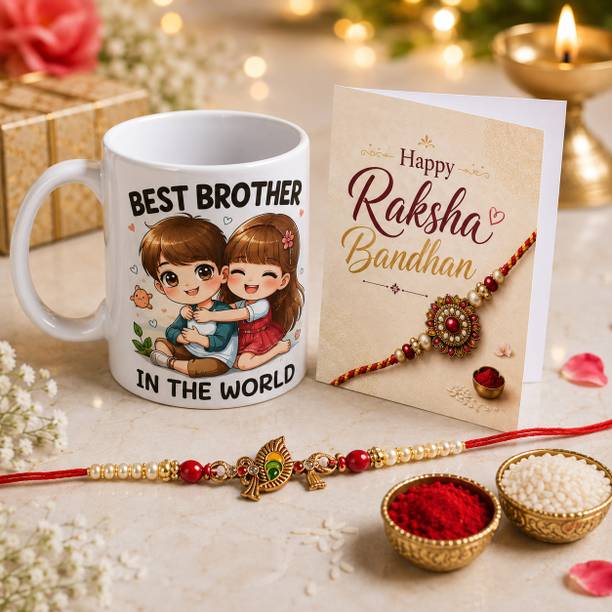 कुचिला डिजाइनर Best Rakhi for Brother with Coffee Mug Gift Combo (Pack of 4) RakhiMug-Set04 असोर्टेड  सेट