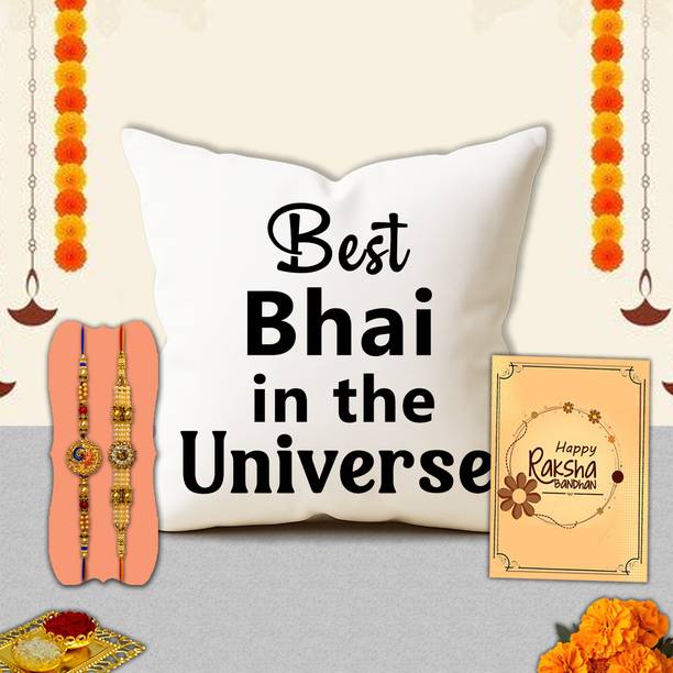 Avirons Thread Special Rakhi Celebration for Brother – Soft Cushion Hamper for Loving Veer Assorted Chawal Roli Pack, Cushion, Rakhi, Greeting Card  Set