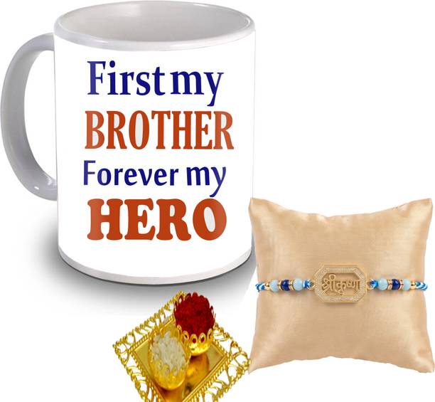 Designer "Forever My Hero" Printed Mug with Shree Krishna Rakhi Gift Set for Brother Mauli Thread Mug, Rakhi Set by GIFTGROOVE