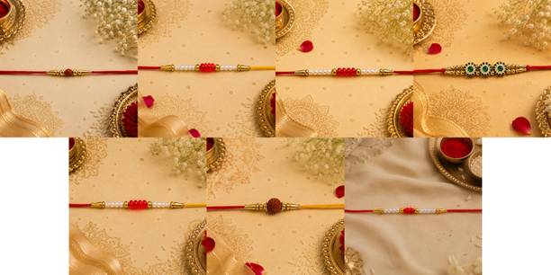 Designer July combo7 Rakhi Set-3096 Gold Finish, Mauli Thread, Pearl Rakhi by RS Creations