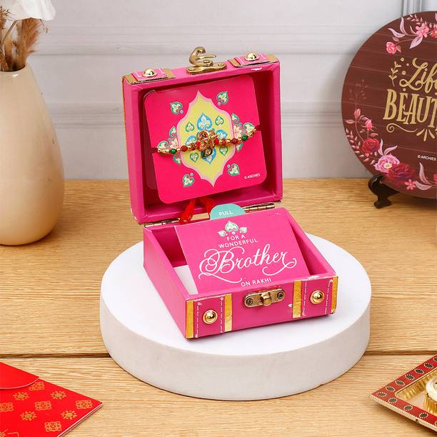 ARCHIES Thread Heritage Magenta Rakhi Treasure Box Gold Finish Rakhi  Set