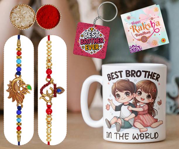 Ekish Thread Rakhi Gift for Brother with Ceramic Mug | Pack of 6 - Bro234_Key4748 Assorted Chawal Roli Pack, Greeting Card, Mug, Rakhi  Set