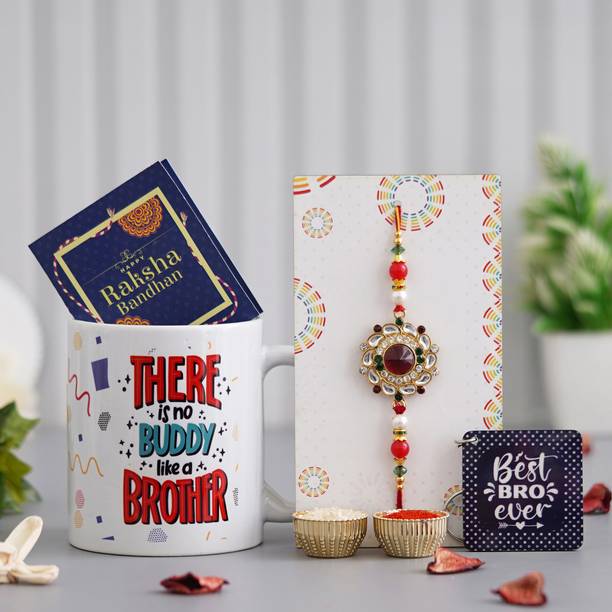 Designer GP-Rakhi gift for brother - 01 Assorted Rakhi, Greeting Card, Chawal Roli Pack, Mug Set by Dreamica