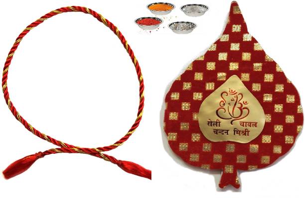 Velour Shoppe Thread Premium Bhai Dooj Thread Roli, Tikka, Chawal, Chandan Mauli Thread Chawal Roli Pack  Set