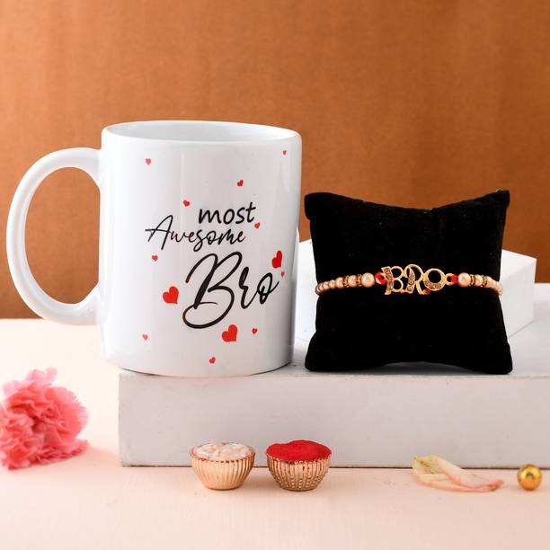 PRIDE STORE Designer You Are The Awesome Bro mug with Bro Rakhi Printed 330 Ml Mug With Veera Rakhi ,1 Rakhi, 1 Tilak Pack With Rakshabandhan Greet Card Rakhi for Brother Bhai Bro Bhaiya Assorted Rakhi, Greeting Card, Chawal Roli Pack, Mug  Set
