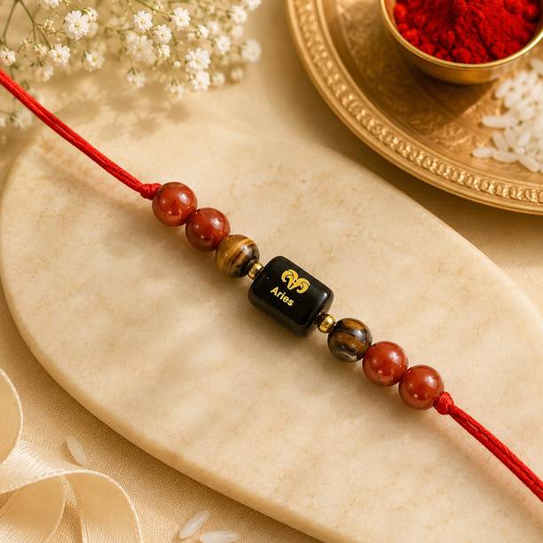 Aries Zodiac with Red Jasper Tiger Eye for Leadership & Positive Energy Mauli Thread Bracelet Set by REIKI CRYSTAL PRODUCTS