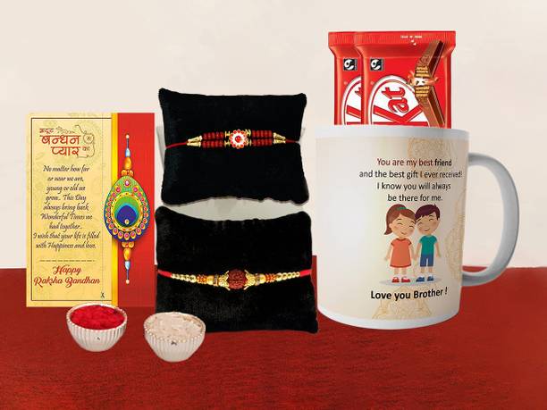 CraftVatika Rudraksh RAKHI252-MUG-BF-Kitkat2 Kundan, Mauli Thread, Pearl Rakhi, Greeting Card, Chawal Roli Pack, Mug Set