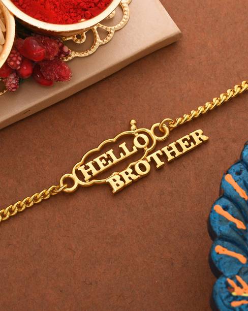 Voylla Bracelet Hello Brother Gold Plated Stylish Rakhi Mauli Thread Chawal Roli Pack  Set