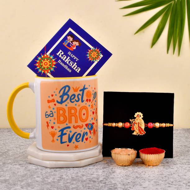 PRIDE STORE Designer 023-3TY.BBE-RK-RKH-RC-4U Mauli Thread Rakhi, Mug, Chawal Roli Pack, Greeting Card  Set