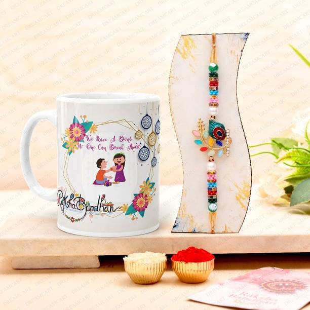 Designer E-R-131-RZ Mauli Thread Rakhi, Mug, Chawal Roli Pack, Greeting Card Set by Dreamlivproducts
