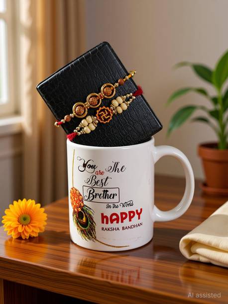 Designer 2 pcs Rakhi with mug For Bhai | Fancy Rakhi| Designer Rakhi| Mauli Thread Rakhi, Mug Set by MILEN