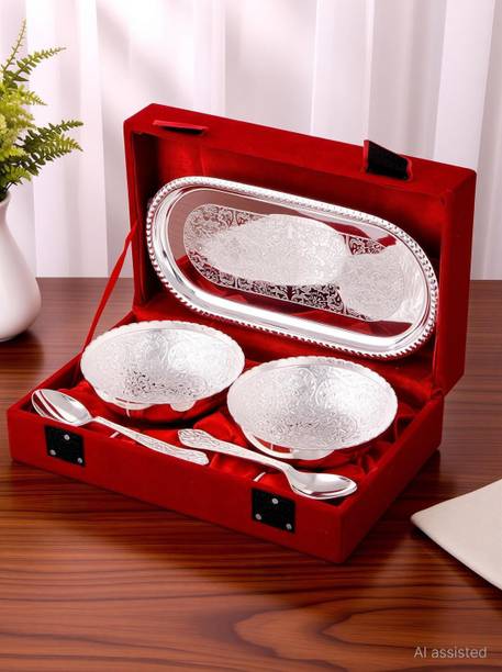 Shreeng Silver Plated 2 Flower Bowl With Spoon With Tray Brass Decorative Platter
