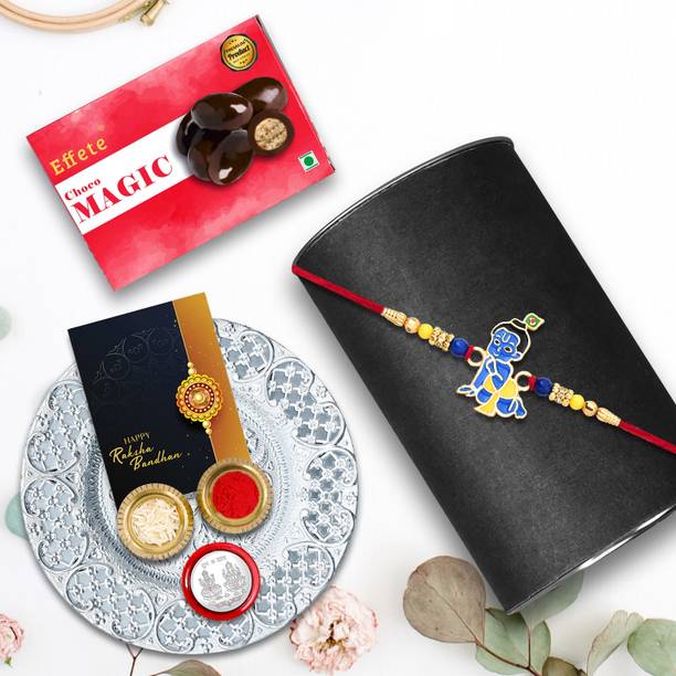 DeoDap Kids Rakhi Combo Gift Set for Brother |Choco Magic 32Gm|Chocolate|Y22K1_283_CM32+DS Assorted Rakhi, Chawal Roli Pack, Greeting Card, Coins, Thali  Set