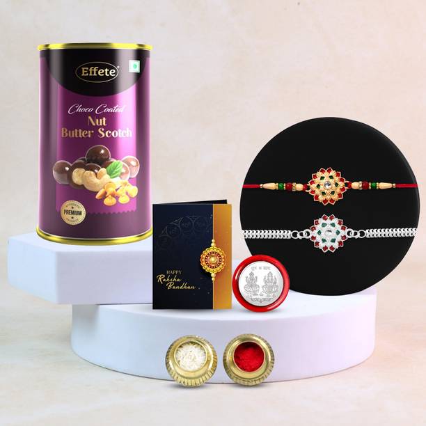 DeoDap Designer Rakhi Combo Gift Set for Brother |Butterscotch 96Gm|Chocolate|Y22K2_501+A36_BS Assorted Rakhi, Greeting Card, Coins, Chawal Roli Pack Set