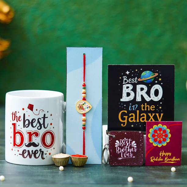 Tonkwalas Designer Rakhi Gift Set For Brother Combo With Roli Chawal Greeting Card- MUG-29 Mauli Thread Mug, Rakhi, Key Ring, Showpiece, Chawal Roli Pack, Greeting Card  Set