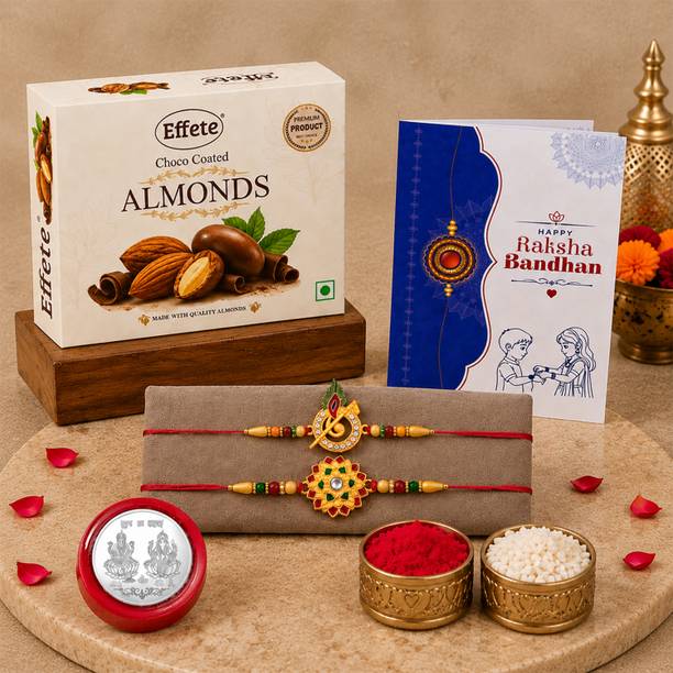 DeoDap Designer Rakhi Combo for Brother with Chocolate Almond(32-GM) Assorted Rakhi, Greeting Card, Chawal Roli Pack, Coins Set