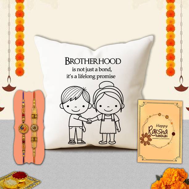 Avirons Thread Prefect Raksha Bandhan Hamper for Brother – Designer Rakhi Cushion Gift for Bro Assorted Chawal Roli Pack, Cushion, Rakhi, Greeting Card  Set