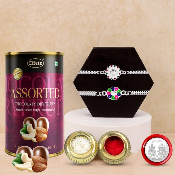 DeoDap Bracelet Rakhi Combo Gift Set for Brother |Assortment 96Gm|Chocolate|Y22K2_A27+A4_AS Assorted Rakhi, Chawal Roli Pack, Greeting Card, Coins  Set