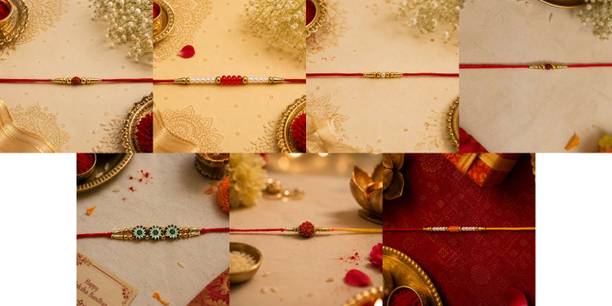 Designer July combo7 Rakhi Set-5703 Gold Finish, Mauli Thread, Pearl Rakhi by RS Creations