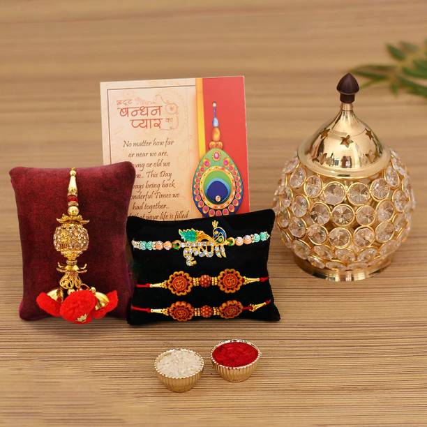 Flipkart SmartBuy Bhaiya Bhabhi Rakhi Gift Set Rakhi for Brother Bhabhi Bhaiya-Akhand Diya,Lumba,Rudrakh Kundan Rakhi, Diya, Greeting Card  Set