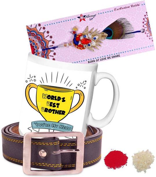 Rakhilo Designer RKH-18-13-BLT-MG-BRO-13 Assorted Belt, Chawal Roli Pack, Rakhi, Mug  Set