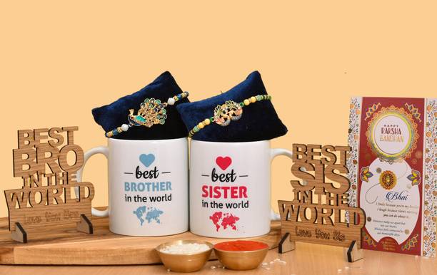 PRIDE STORE Thread Brother Sister Printerd Mug, Om Peacock Rakhi And Wooden Showpiece Mauli Thread Rakhi, Showpiece, Mug, Chawal Roli Pack  Set