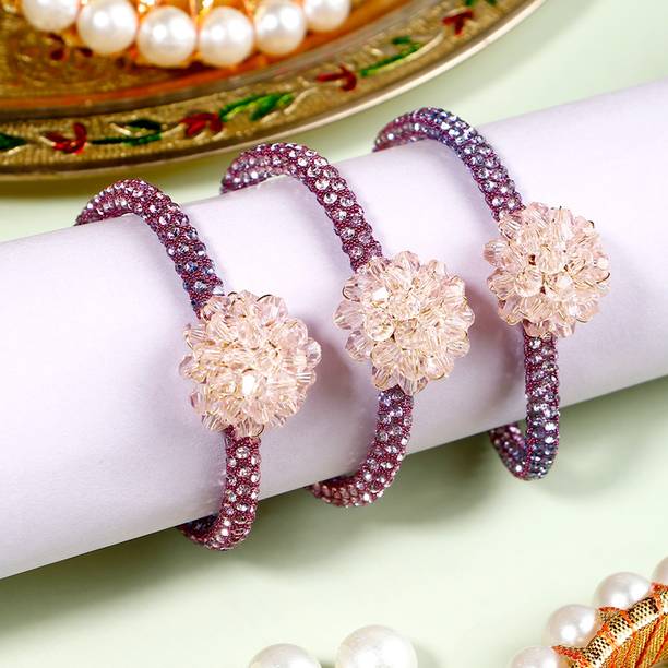 Thread Pack Of 3 Blush Bloom Crystal Rakhi With Rakhi Greeting Card Assorted Rakhi, Greeting Card, Chawal Roli Pack Set by ARCHIES