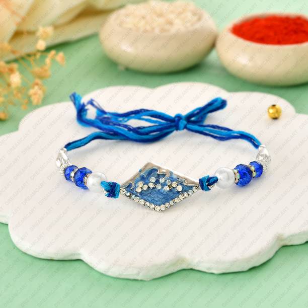 Elegaci Gifts Designer Rhodium Bracelet Sapphire Blue, Silver-tone Meenakari Rakhi For Brothers Platinum Rakhi, Chawal Roli Pack, Greeting Card  Set