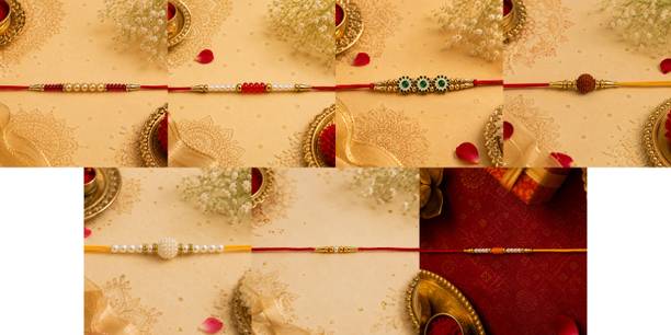 Designer July combo7 Rakhi Set-667 Gold Finish, Mauli Thread, Pearl Rakhi by RS Creations
