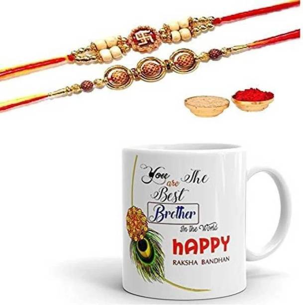 RHYTHM GIFT4U Designer 2 pcs Rakhi Gift Mug | Bhai Rakhi | Fancy Rakhi | Designer Rakhi| Mauli Thread Rakhi, Mug  Set