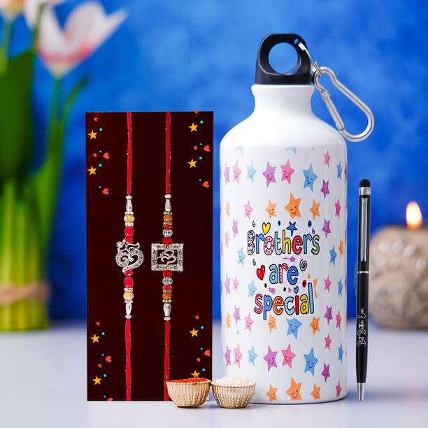 TR Thread Thread Rakhi With Sipper Bottel and Pen Gift Hamper Assorted Rakhi, Sippers  Set