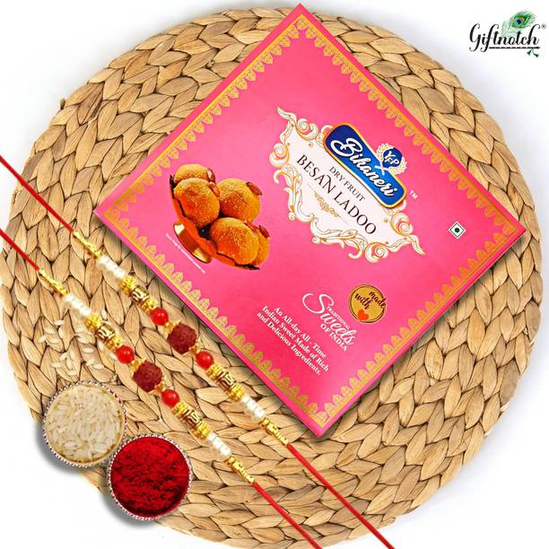 Giftnotch Rakhi Sweet-87 Special Designer Rakhi,Kumkum Rice Sachet,Besan Ladoo(200 Grams) Assorted Gift Box