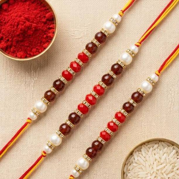 FAHA Collection Designer Stylish Rakhi for Bhai with Red Crystal Beads and Pearl Raksha Bandhan Thread Pearl Rakhi  Set