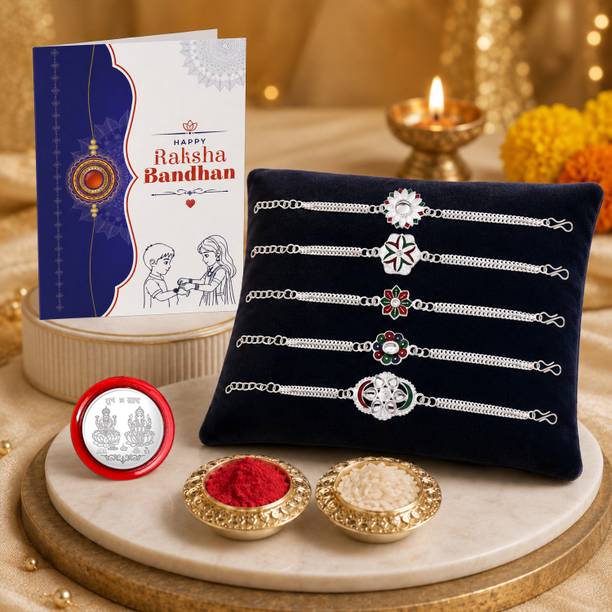 DeoDap Rakhi gift for brother with Greeting Card|Rakhi Set of 5|Silver Coin|Y22K5_NC30 Assorted Gift Box