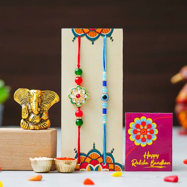 Tonkwalas Designer Rakhi Gift Set For Brother Combo With Roli Chawal Greeting Card- GG2-C18-C40 Mauli Thread Showpiece, Rakhi, Greeting Card, Chawal Roli Pack  Set