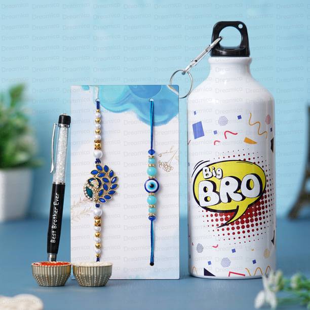 Dreamica Designer Rakhi-1570 Assorted Rakhi, Bottle, Pen, Chawal Roli Pack, Greeting Card  Set