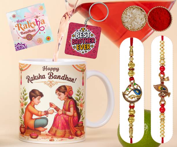 BALESARA Thread Heartfelt Rakhi Gift Set for Brother with Mug | Pack of 6 - RKBD5_Key4142 Assorted Chawal Roli Pack, Greeting Card, Mug, Rakhi Set