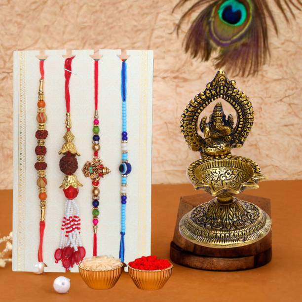 Chhariya Crafts Bhaiya Bhabhi Bhaiya Bhabhi Rakhi Combo Gift Set Assorted, Gold Finish, Kundan, Pearl, Plastic (PVC) Rakhi, Showpiece, Chawal Roli Pack, Diya  Set